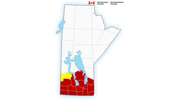 Red areas indicate heat warning, yellow severe t-storm watch.