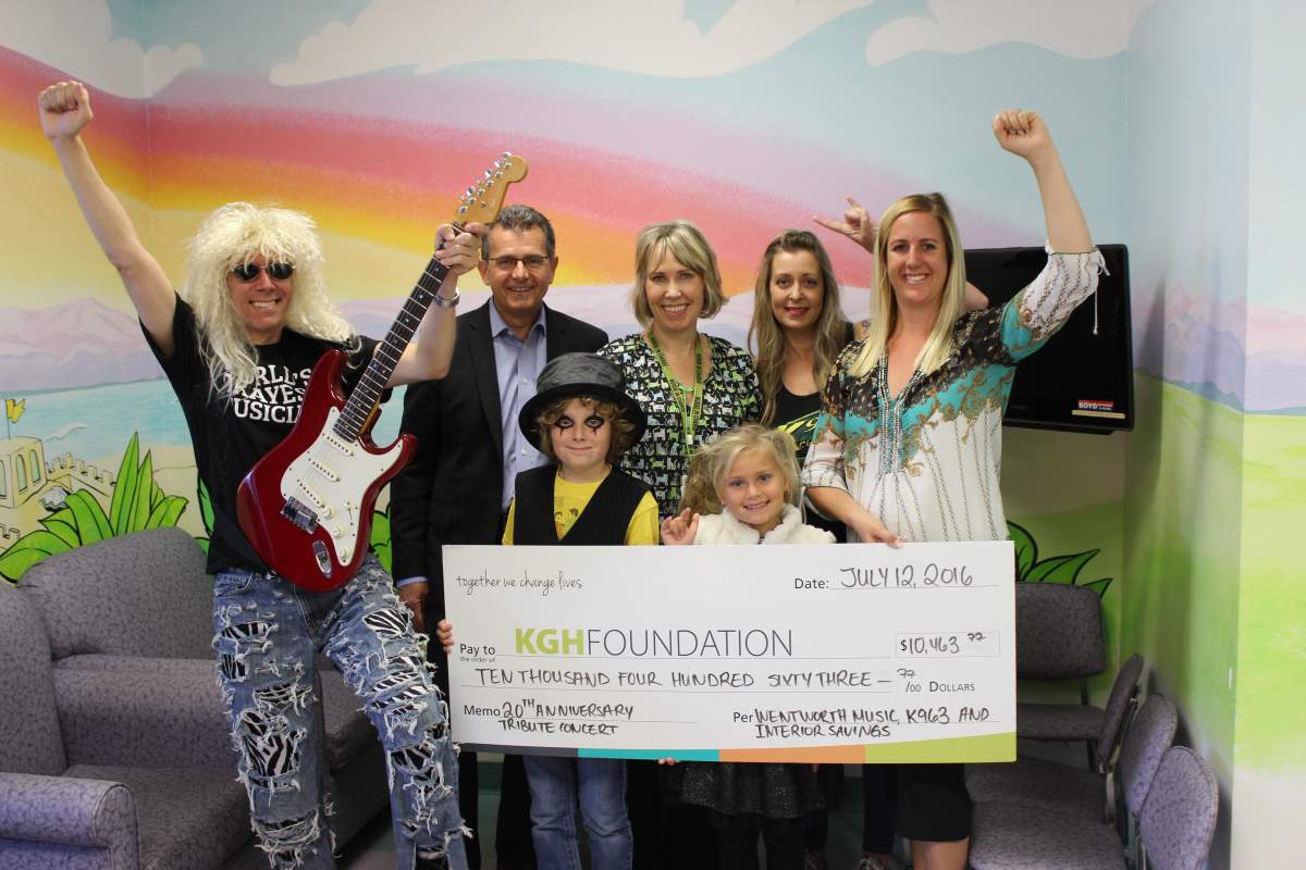 Pictured from left: (back) Noel Wentworth, Wentworth Music; Doug Rankmore, KGH Foundation; Laura-Lee Regnier, KGH Pediatrics; Rickie Tyle, K96.3; Sonya Barker of Interior Savings;(front) Lucas & Holly Wentworth.