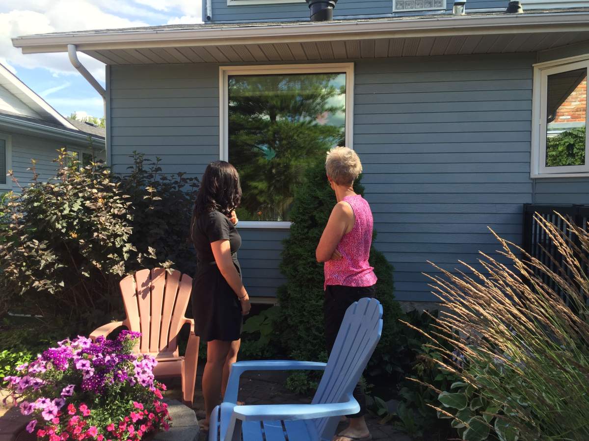 Study author Justine Kummer and study participant Perry Mair inspect a window with leaf cut outs posted on it. The study proves that cut outs like this help reduce collisions.