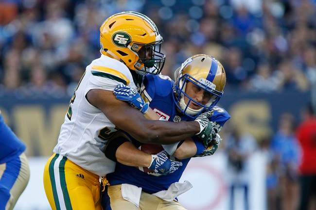Winnipeg Blue Bombers quarterback Drew Willy gets sacked by Edmonton Eskimos' Euclid Cummings during the first half of Thursday's game. 