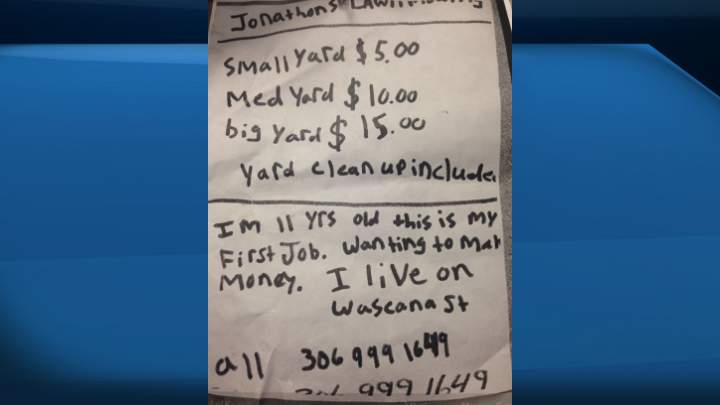 A picture of 11-year-old Jonathon McKinney’s ad for his lawn mowing business.