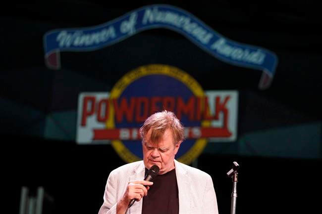 FILE - In this June 24, 2016, file photo, "A Prairie Home Companion" host Garrison Keillor rehearses with the band at Tanglewood in Lenox, Mass.