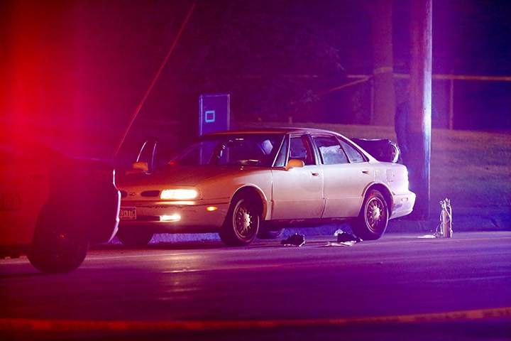 A car at the scene of a shooting of a man involving a St. Anthony Park Police officer Wednesday, July 6, 2016, in Falcon Heights, Minn.