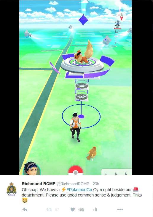 In response to Pokemon Go’s popularity, Richmond RCMP sent this tweet out on July 12, 2016.