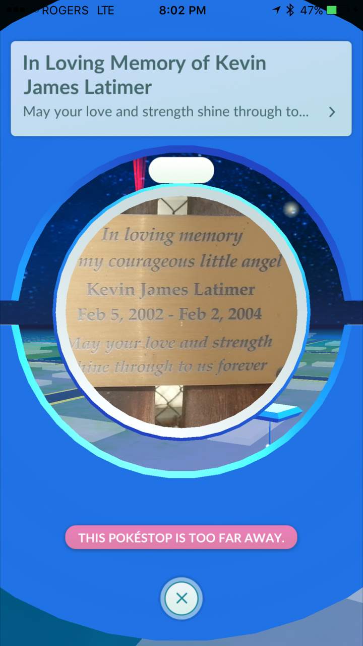 A PokeStop in Burlington, Ont. at the site of a memorial for Kevin james Latimer is seen in the game on July 17, 2016.