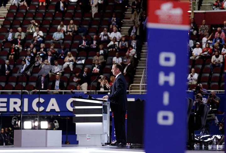 Reince Priebus, Chairman of the Republican National Committee, gavels the convention to order on the opening day of the Republican National Convention in Cleveland, Monday, July 18, 2016.