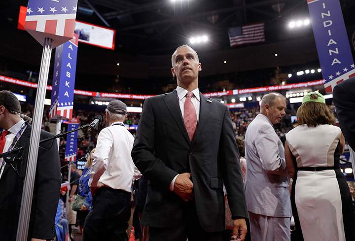 Corey Lewandowski arrives to the floor of Quicken Loans Arena during first day of the Republican National Convention in Cleveland, Monday, July 18, 2016.