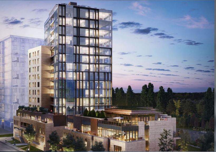 The exterior of The River, a riverfront condominium development in Calgary. 
