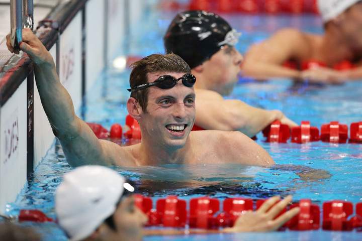 Ryan Cochrane of Canada reacts after winning the Men’s 1500m Freestyle heat 3 on Day 7 of the London 2012 Olympic Games at the Aquatics Centre on August 3, 2012 in London, England.