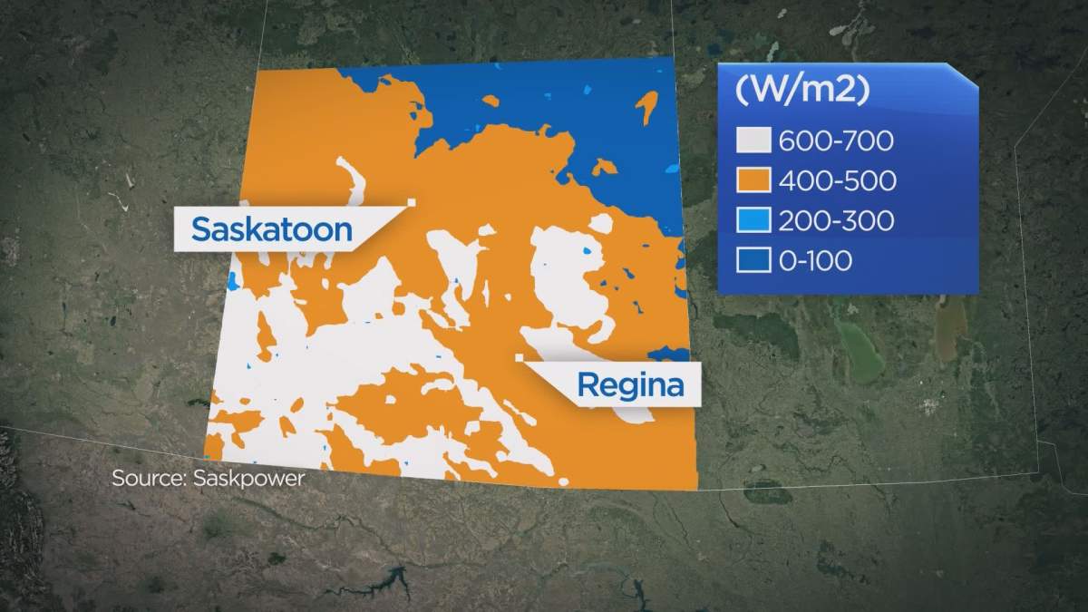 A map highlighting wind power potential in the southern portion of Saskatchewan.