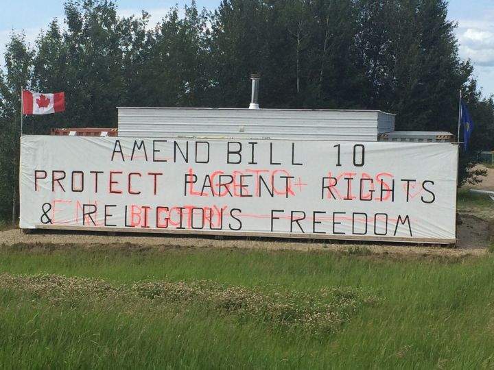 A political sign put up by the New Testament Baptist Church in Spruce Grove was vandalized last week. July 5, 2016.