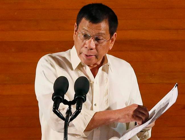 In this Monday, July 25, 2016 file photo, Philippine President Rodrigo Duterte delivers his first State of the Nation Address.