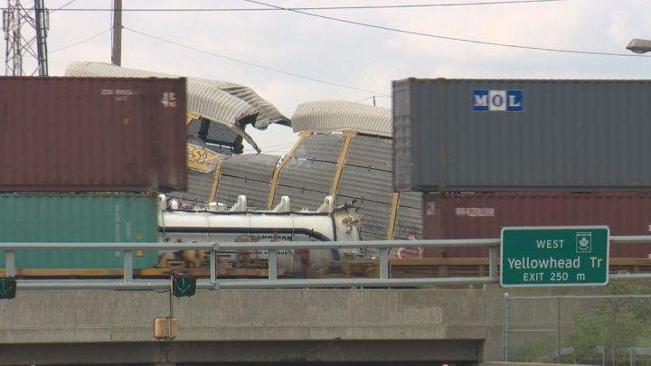 Several CN rail cars derailed at the Edmonton yard on July 17, 2016.