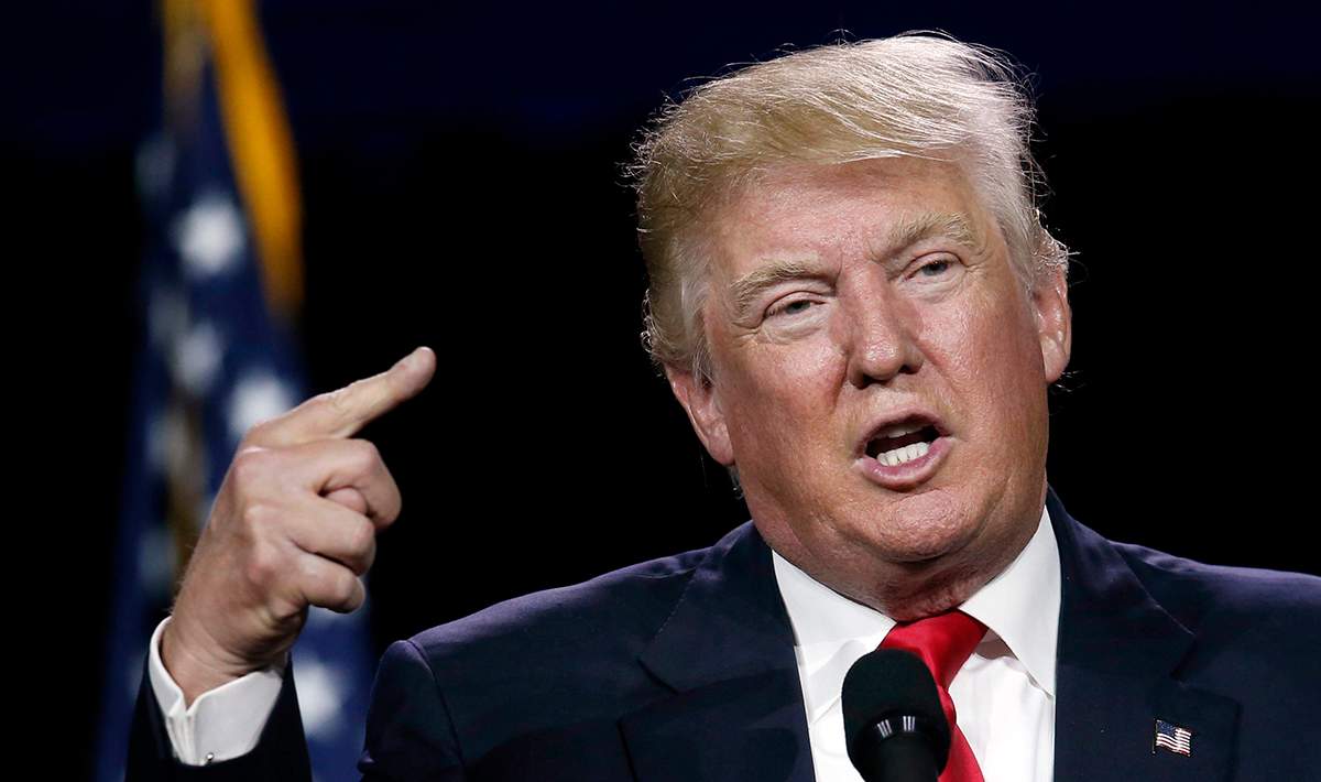 In this photo taken July 1, 2016, Republican presidential candidate Donald Trump speaks in Denver.  