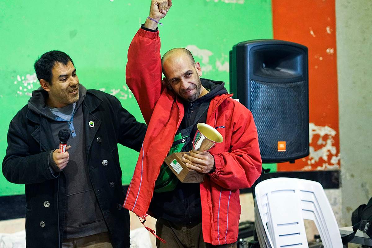 In this July 17, 2016 photo, Juan Vaz, left, stands next to Guillermo Amandola, first place winner of the outdoors crops category in the fifth annual Cannabis Cup, a competition for best marijuana, in Montevideo, Uruguay.