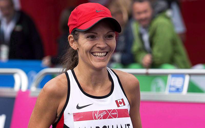 Canada’s Lanni Marchant smiles after racing to a fourth place finish in the women’s marathon at the Commonwealth Games in Glasgow, Scotland on Sunday, July 27, 2014.