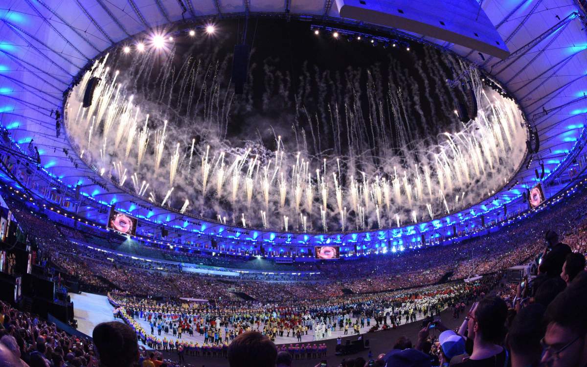 Fireworks explode during the opening ceremonies at the 2016 Olympic Games in Rio de Janeiro, Brazil on Friday, Aug. 5, 2016.