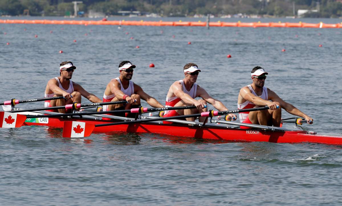 Julien Bahain, Robert Micael Gibson Will Dean, and Pascal Lussier, of Canada, compete in the men’s quadruple scull heat heat during the 2016 Summer Olympics in Rio de Janeiro, Brazil, Saturday, Aug. 6, 2016.