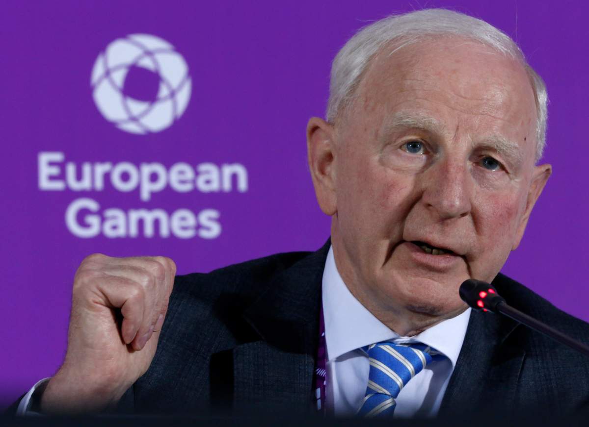  In this June 11, 2015 file photo, Patrick Hickey, the head of the European Olympic Committee speaks during a news conference on the eve of the opening of the 2015 European Games in Baku, Azerbaijan. Rio de Janeiro authorities have issued an arrest warrant for Hickey accused of scalping tickets for the Summer Games. 
