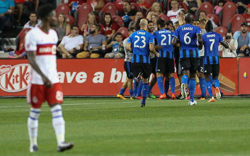 Montreal Impact celebrates midfielder Ignacio Piatti second half goal against Toronto FC at BMO Field. Montreal Impact won 1-0.
