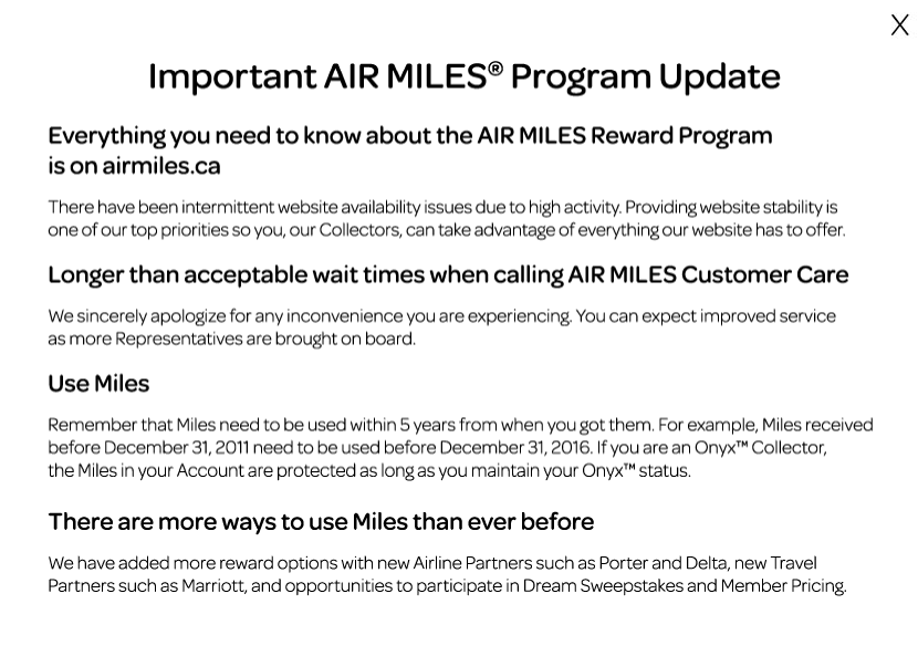 Message that pops-up when entering Air Miles’ website.