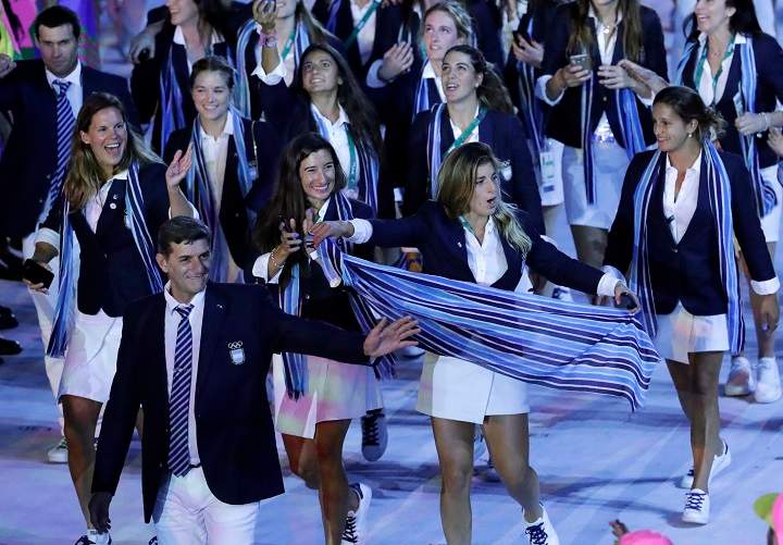 Team Argentina arrives during the opening ceremony for the 2016 Summer Olympics in Rio de Janeiro, Brazil, Friday, Aug. 5, 2016.