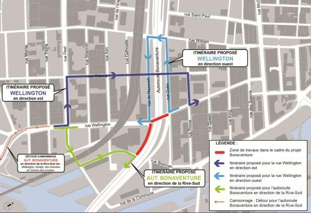 City officials are proposing an alternate route around Wellington Street as city crews demolish the Bonaventure Expressway. Saturday, Aug. 27, 2016. Map courtesy of City of Montreal
