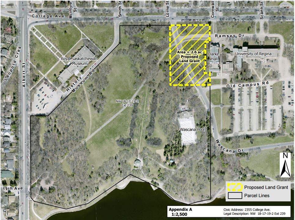 A map of Wascana Park showing the land being transferred to the university of Regina.