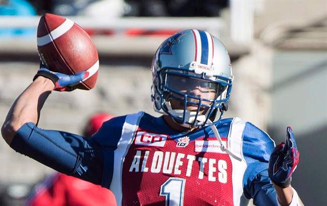 Montreal Alouettes' quarterback Brandon Bridge throws a pass during first half CFL football action against the Saskatchewan Roughriders, in Montreal, on Sunday, Nov. 8, 2015. The Saskatchewan Roughriders signed Canadian quarterback Bridge on Wednesday.The six-foot-five, 225-pound Bridges joins the Riders after being released Aug. 1 by the Montreal Alouettes. 