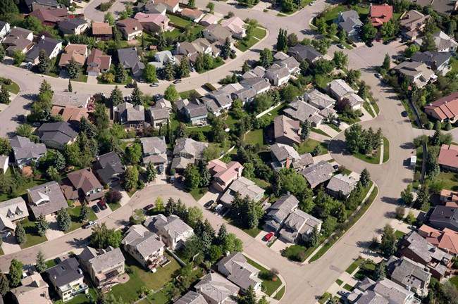 An aerial view of homes in Calgary.