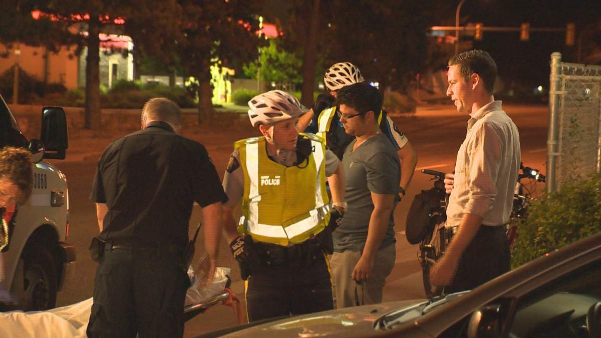A cyclist was taken to hospital Monday night after a collision with a vehicle.