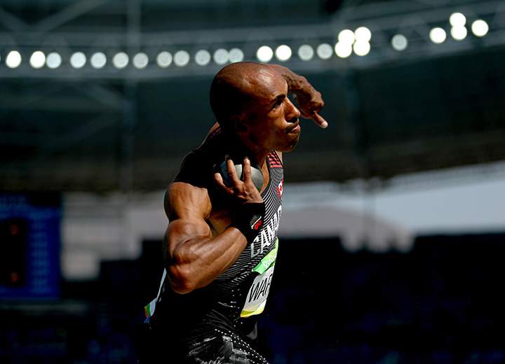 Canada’s Damian Warner competes in the men’s decathlon shot put on Day 12 of the Rio 2016 Olympic Games on August 17, 2016 in Rio de Janeiro, Brazil.