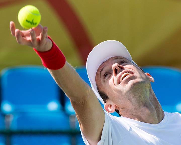 Canada’s Daniel Nestor works on his serve during a practice session at the 2016 Summer Olympics Thursday, August 4, 2016 in Rio de Janeiro, Brazil.