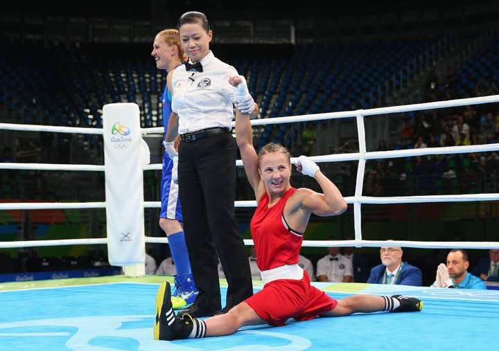 Tetyana Kob of Ukraine celebrates victory over Stanimira Petrova of Bulgaria in the Women’s Flyweight (48-51kg) Preliminaries on Day 6 of the 2016 Rio Olympics at Riocentro – Pavilion 6 on August 12, 2016 in Rio de Janeiro, Brazil.
