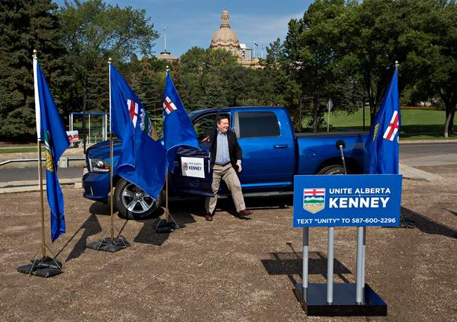 Alberta Conservative MP Jason Kenney arrives at a press conference as he begins the Unite Alberta Truck Tour in Edmonton Alta, on Monday, August 1, 2016. 