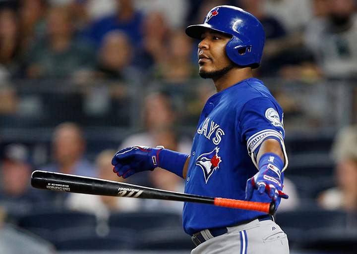 Toronto Blue Jays' Edwin Encarnacion watches high eighth-inning home run off New York Yankees relief pitcher Adam Warren in New York, Tuesday, Aug. 16, 2016. 