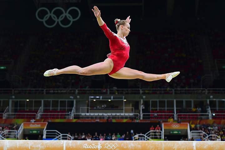 Canada’s Ellie Black competes in the qualifying for the women’s beam event of the Artistic Gymnastics at the Olympic Arena during the Rio 2016 Olympic Games in Rio de Janeiro on August 7, 2016.
