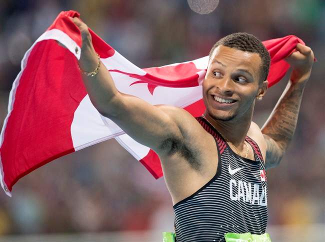 Canada’s Andre De Grasse celebrates after one of his Olympic races.