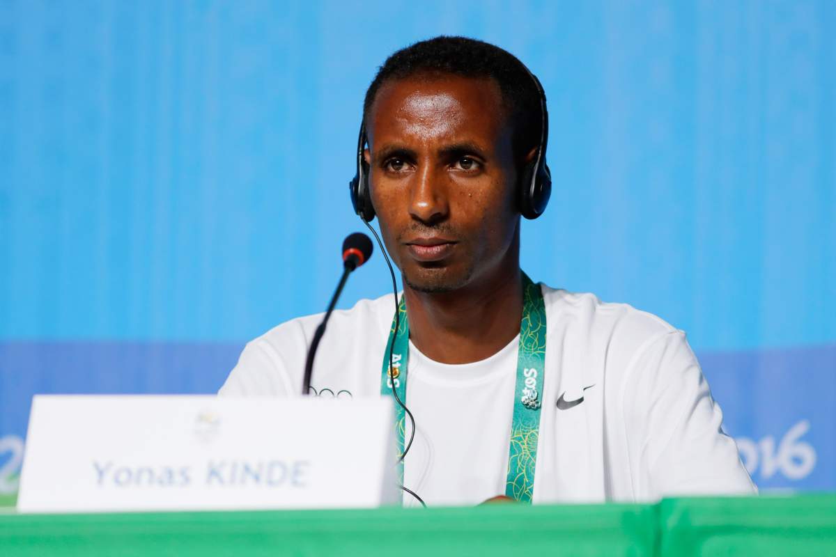 Ethiopian runner Yonas Kinde of the Refugee Olympic Team attends a press conference on August 2, 2016 in Rio de Janeiro, Brazil.
