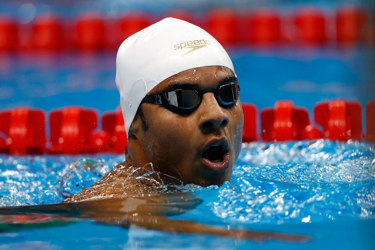 Rami Anis of the Refugee Olympic Team reacts after the Men’s 100m Freestyle heat on Day 4 of the Rio 2016 Olympic Games at the Olympic Aquatics Stadium on August 9, 2016 in Rio de Janeiro, Brazil.