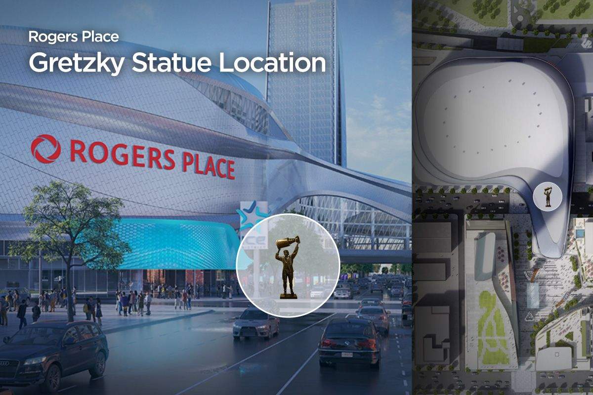 The Gretzky statue will be located under Ford Hall on the north side of 104 Avenue at Rogers Place.