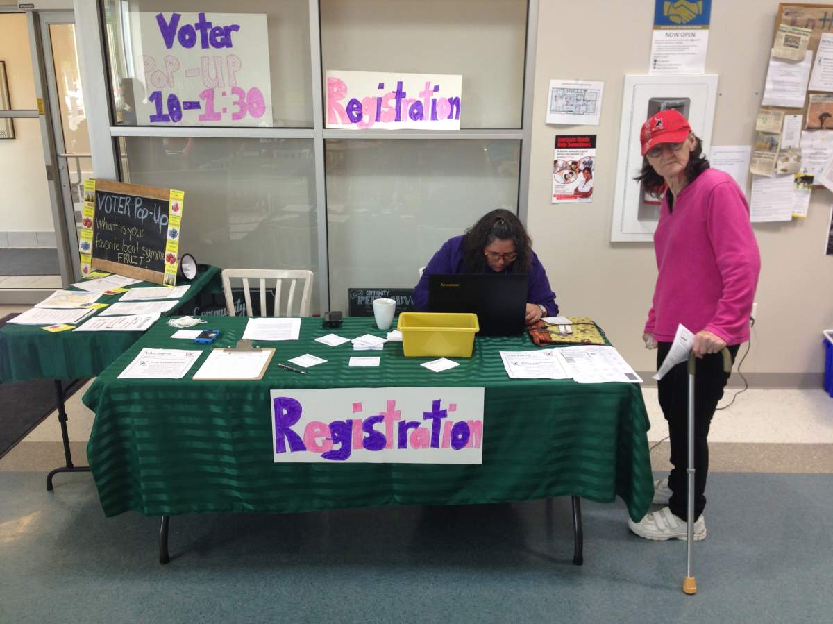 Mock registration desk at Dartmouth North Community Food Centre’s Voter Pop-Up.
