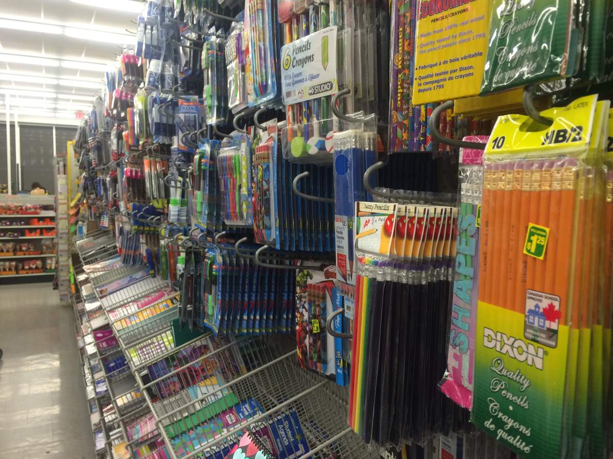 The back to school section at a Toronto Dollarama.