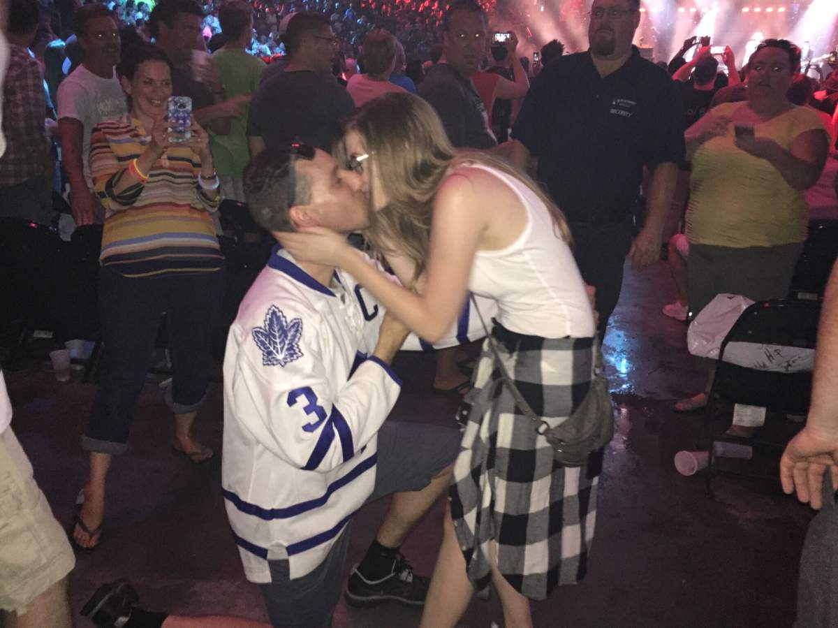 Phil Keeling popped the question to his girlfriend Katie Buchanan during the Tragically Hip’s show in Kingston Saturday.