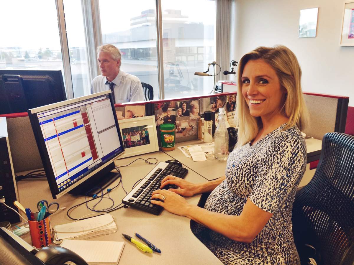 Global News anchor Carole Anne Devaney  in the Edmonton newsroom ahead of her second maternity leave.