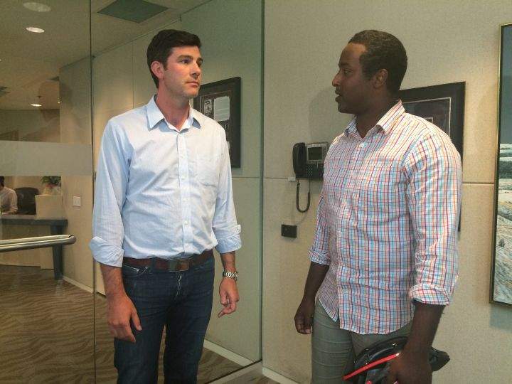 Edmonton Mayor Don Iveson meets with cyclist Bashir Mohamed at city hall Friday, August 19, 2016.