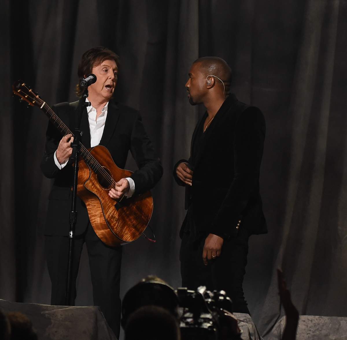 Musicians Paul McCartney, Rihanna and Kanye West perform onstage during The 57th Annual GRAMMY Awards at the STAPLES Center on February 8, 2015 in Los Angeles, California. 