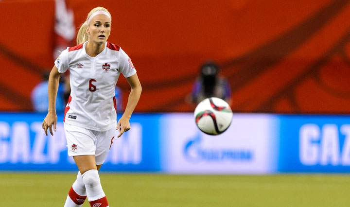 Kaylyn Kyle #6 of Canada watches the ball during the 2015 FIFA Women's World Cup Group A match against the Netherlands at Olympic Stadium on June 15, 2015 in Montreal, Quebec, Canada. Final score between Canada and the Netherlands 1-1.