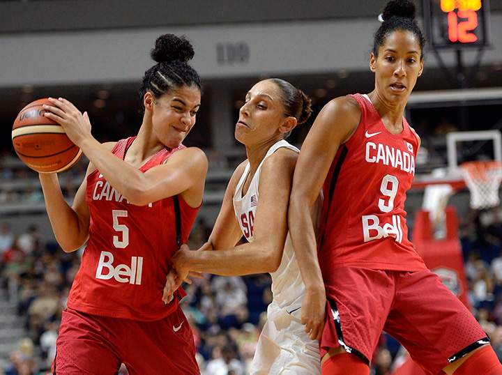 Canada’s Kia Nurse, left, keeps the ball from United States’ Diana Taurasi, center, as Canada’s Miranda Ayim, right, defends, during the first half of an exhibition basketball game, Friday, July 29, 2016, in Bridgeport, Conn.