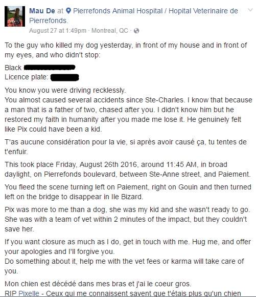 Maude Grenier’s Facebook post, Saturday, August 27, 2016.